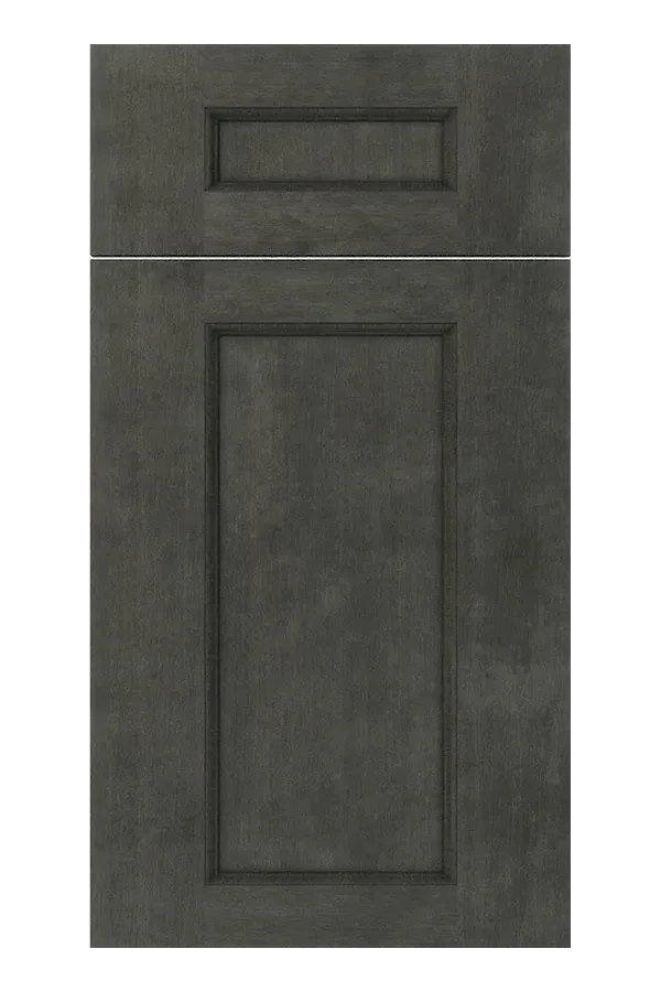 Slate gray wood-grain cabinet door swatch with subtle stain texture