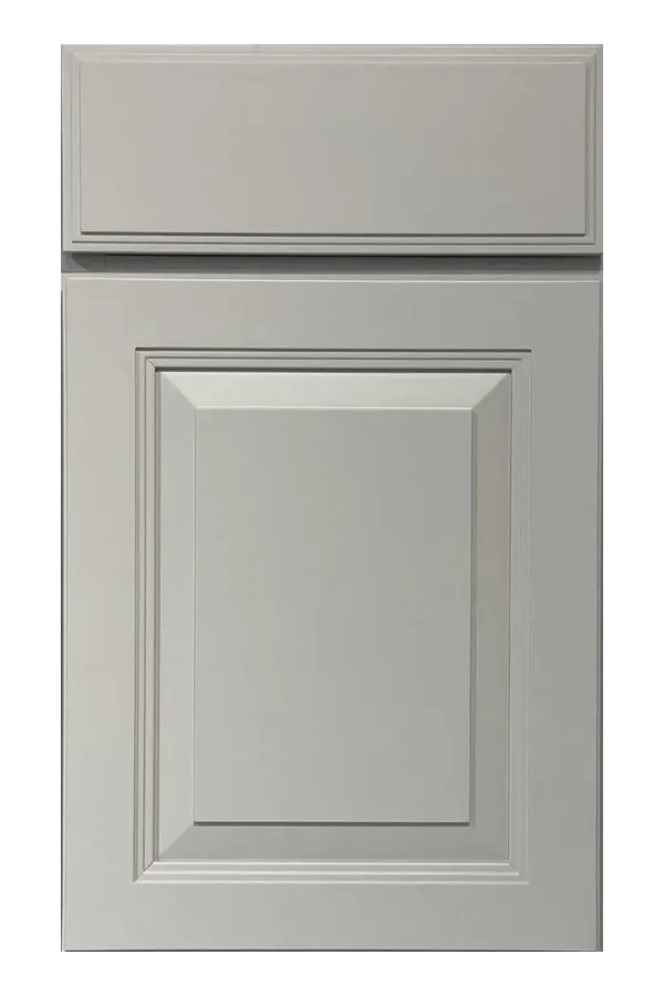 Light dove gray cabinet door sample with a deep recessed panel and beveled molding