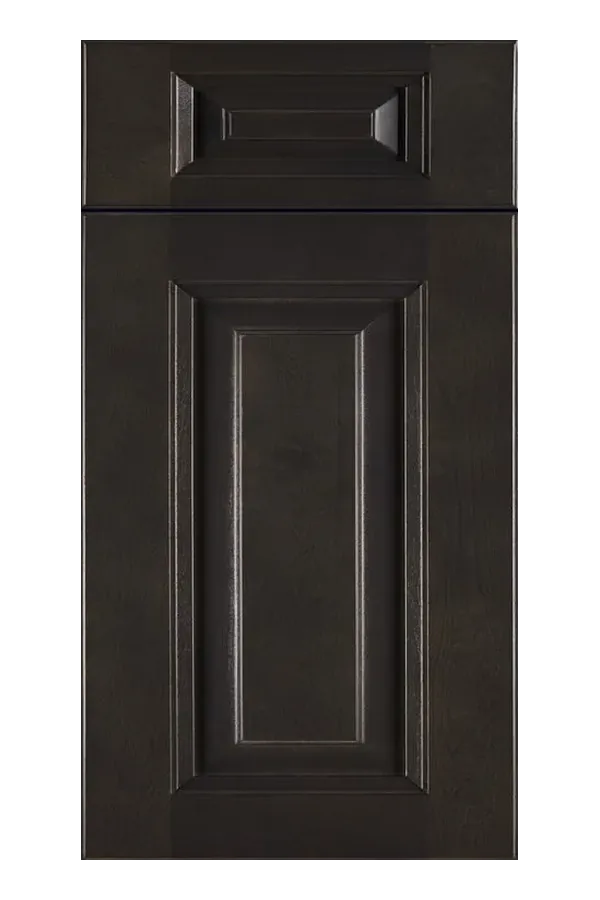 Dark espresso wood grain cabinet door featuring a raised panel center and beveled edges