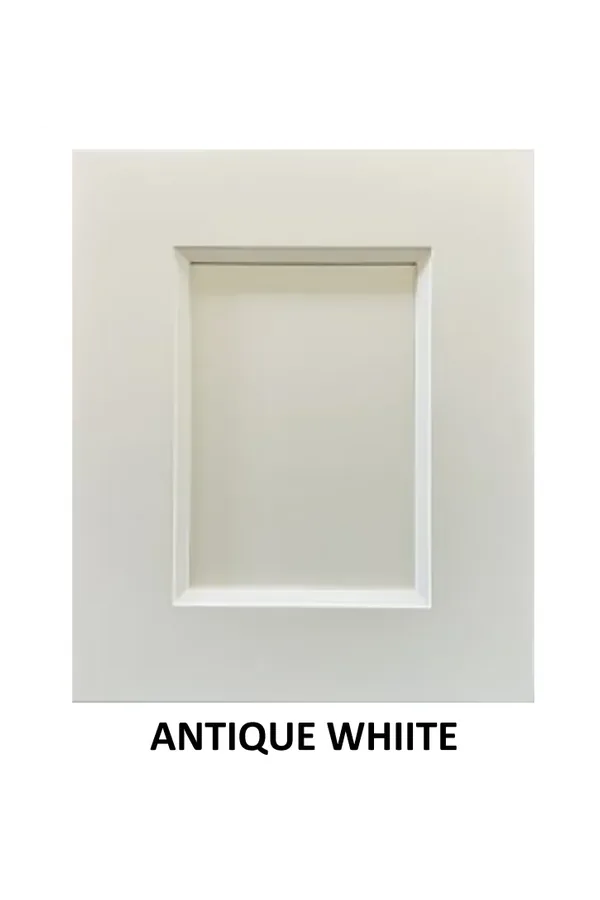 Cream cabinet door swatch labeled Antique White with recessed panel