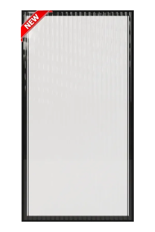 Black framed cabinet door with ribbed reeded glass insert and modern flat panel style