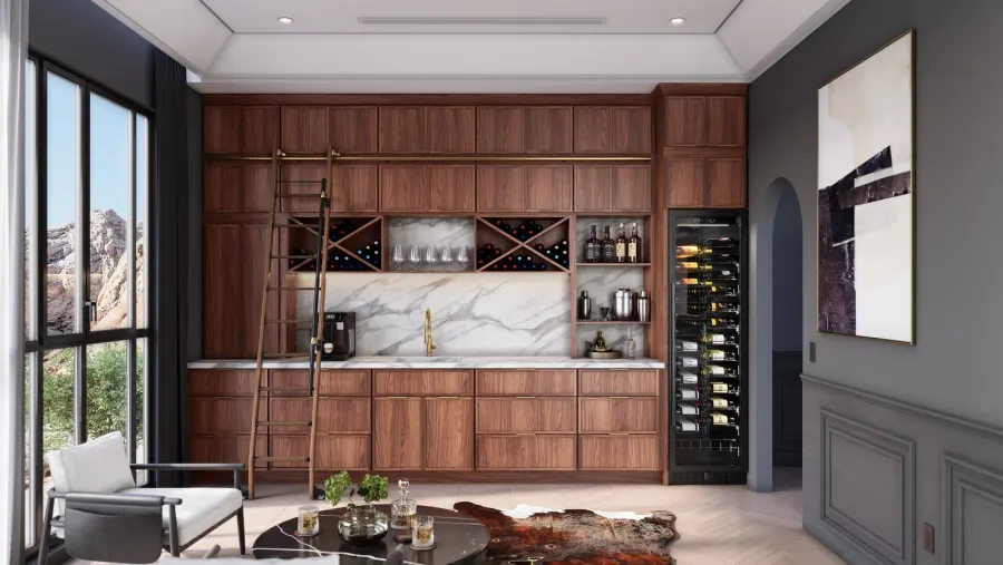 Custom walnut bar cabinetry with marble backsplash, countertop and built-in wine storage