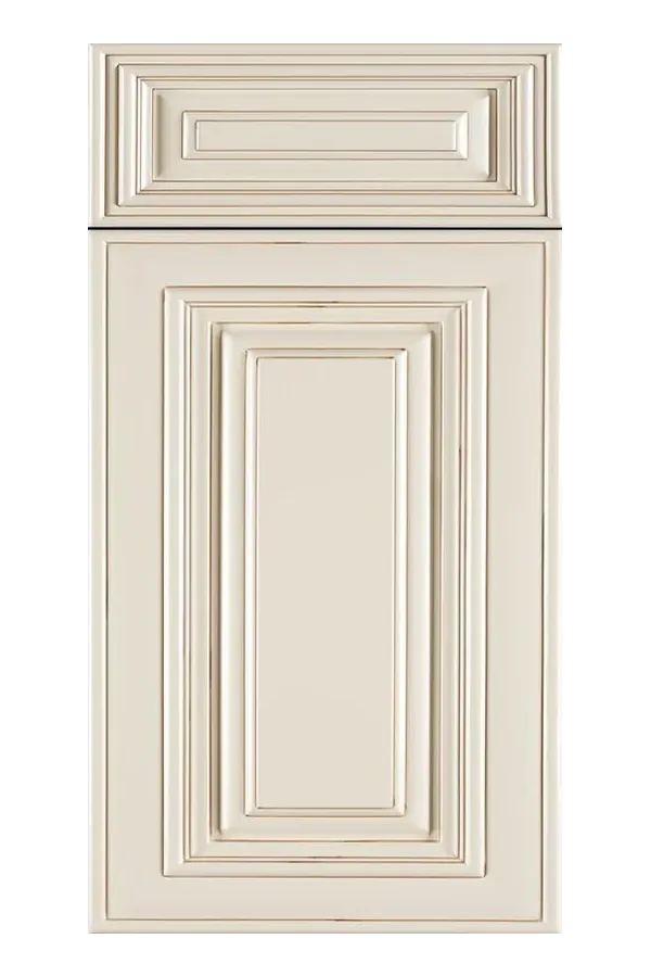 Antique cream cabinet door with glazed edges and traditional raised panel detailing