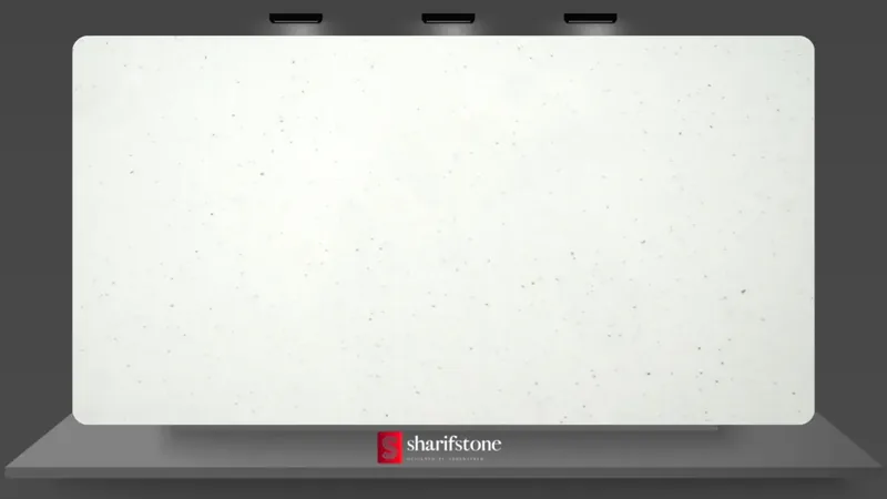 White quartz slab sample with fine black speckling, smooth finish