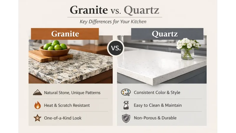 Infographic comparing granite and quartz countertop colors and durability