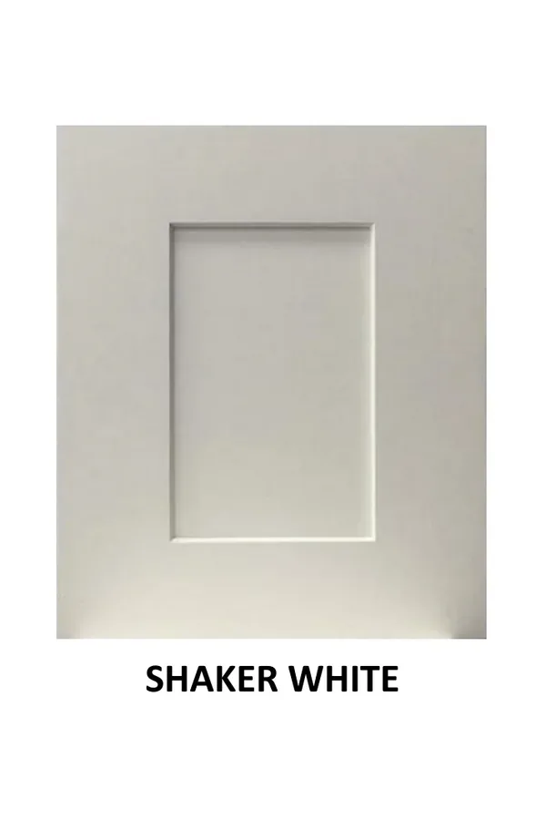 White cabinet door sample labeled Shaker White with framed panel