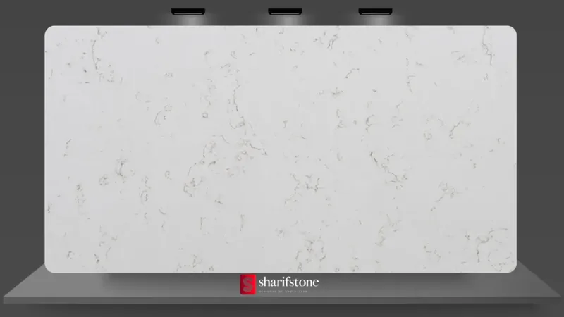 Carrara-style white quartz slab sample with soft gray veining