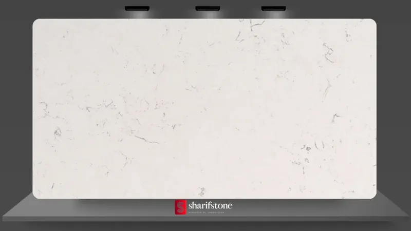 Warm white quartz slab sample with delicate gray marble-look veins