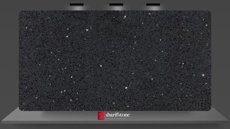 Black quartz slab sample with dense silver sparkle flecks