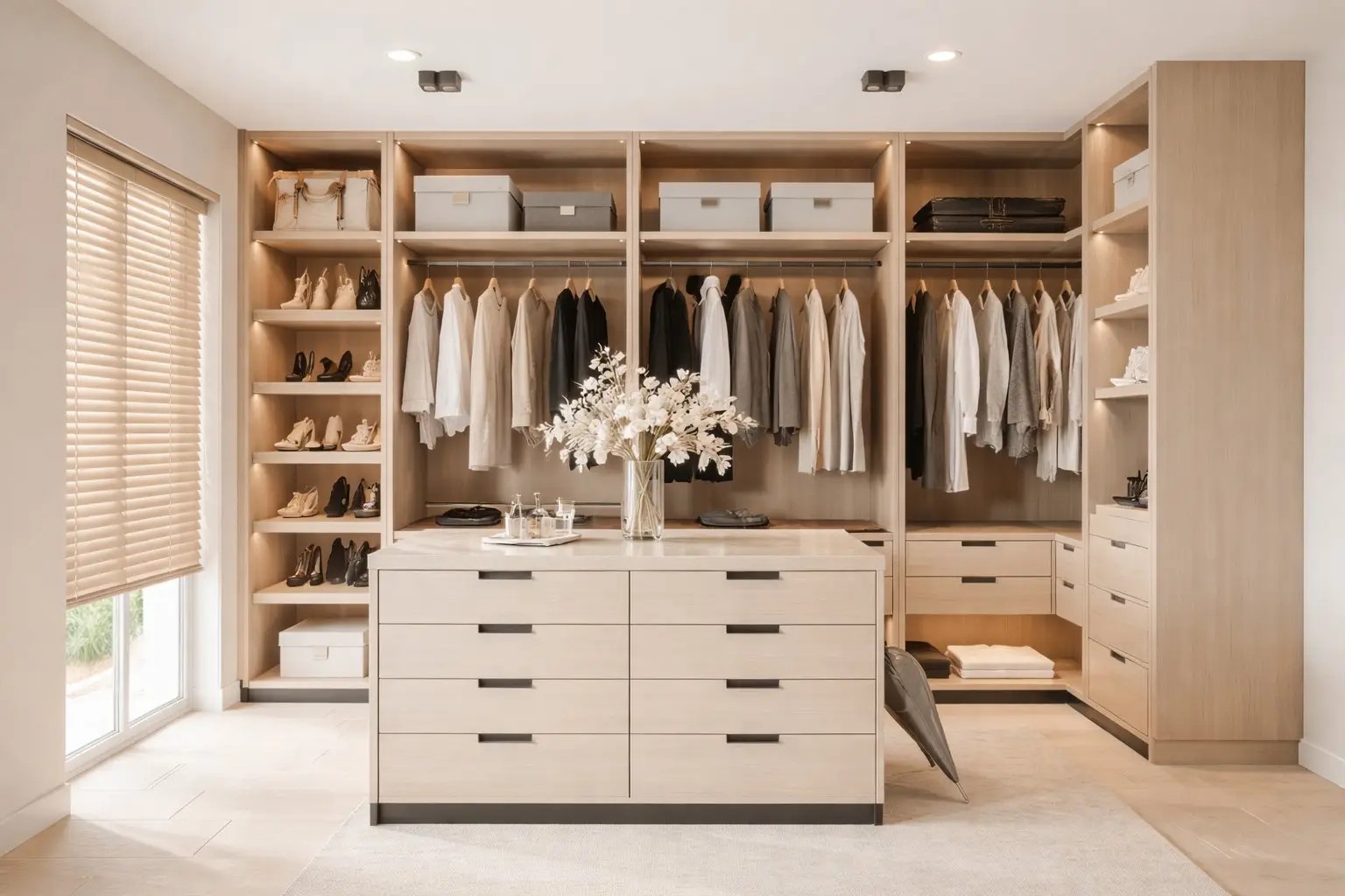 Warm walk-in closet with island dresser, lit shelving and organized wardrobe storage