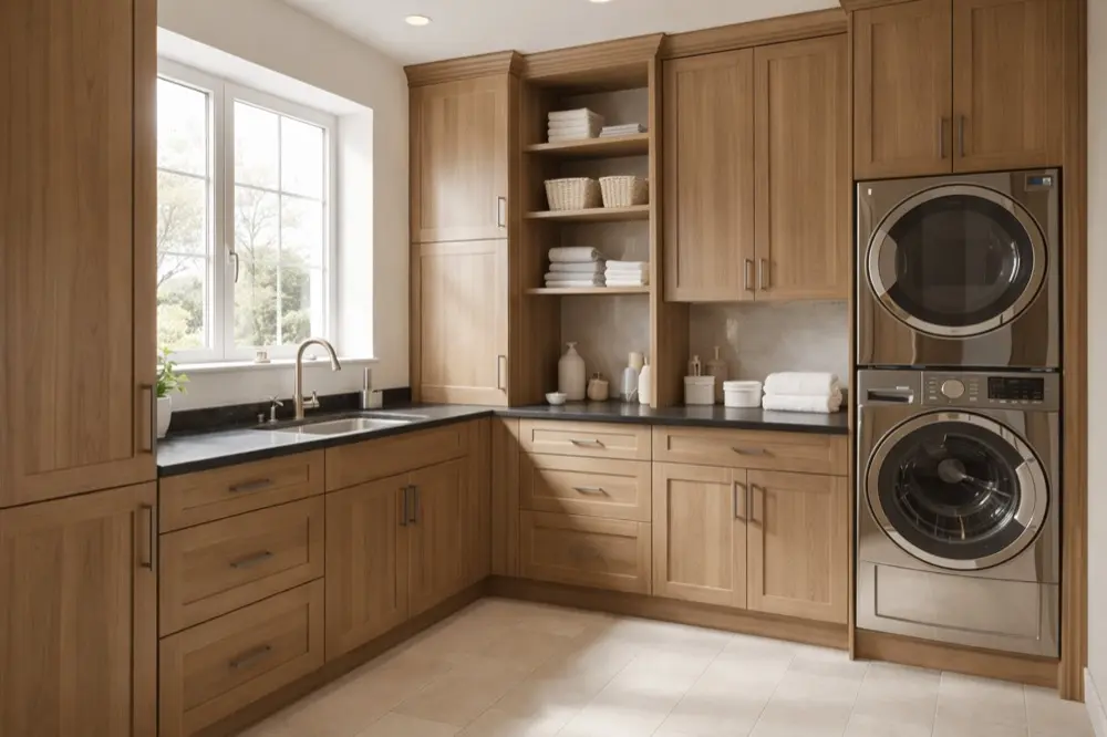 Custom wood laundry room cabinetry with black countertop and open shelving