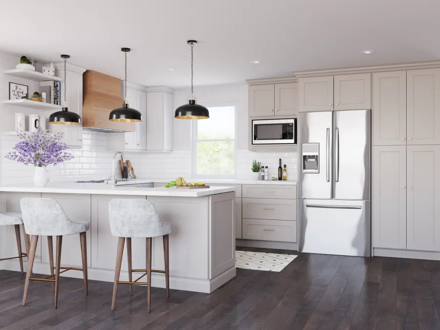 Dark hardwood-look flooring under a white and sand-tone shaker kitchen