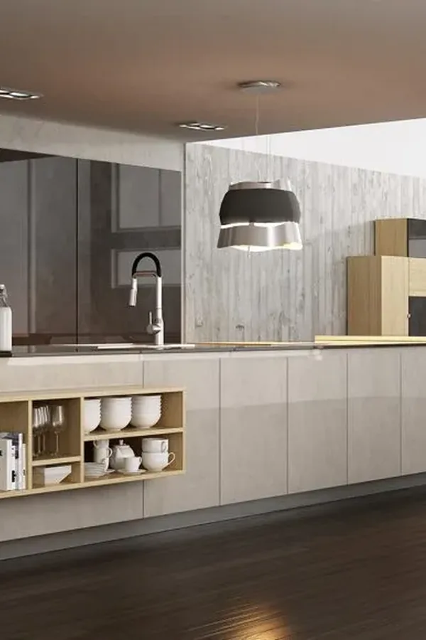 Modern kitchen with glossy taupe flat panel island, wood shelving, and red bar stools
