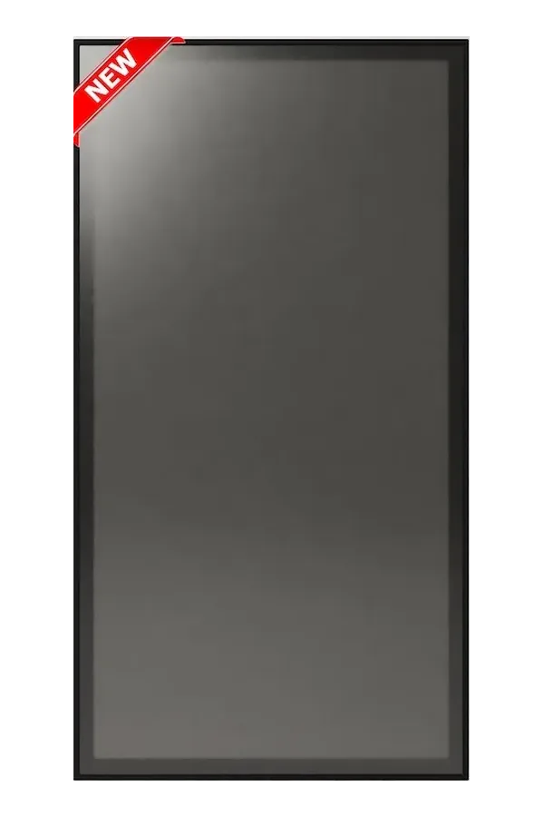 Smoky dark glass cabinet panel in a slim black frame