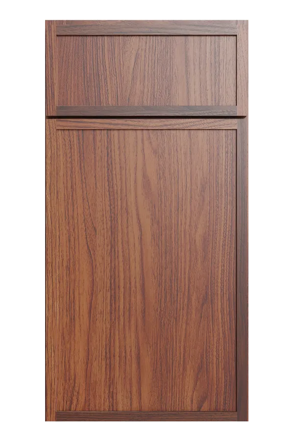 Dark walnut cabinet door and drawer sample with bold grain