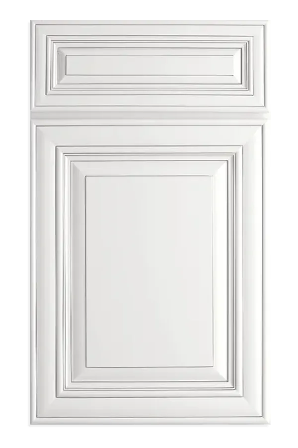 Arlington style white cabinet door with bold raised panel molding profile