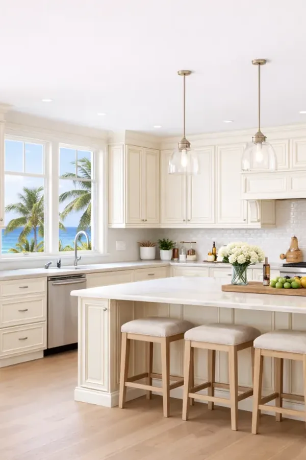 Ivory kitchen cabinets with ocean view windows, quartz island, and brass pendant lights
