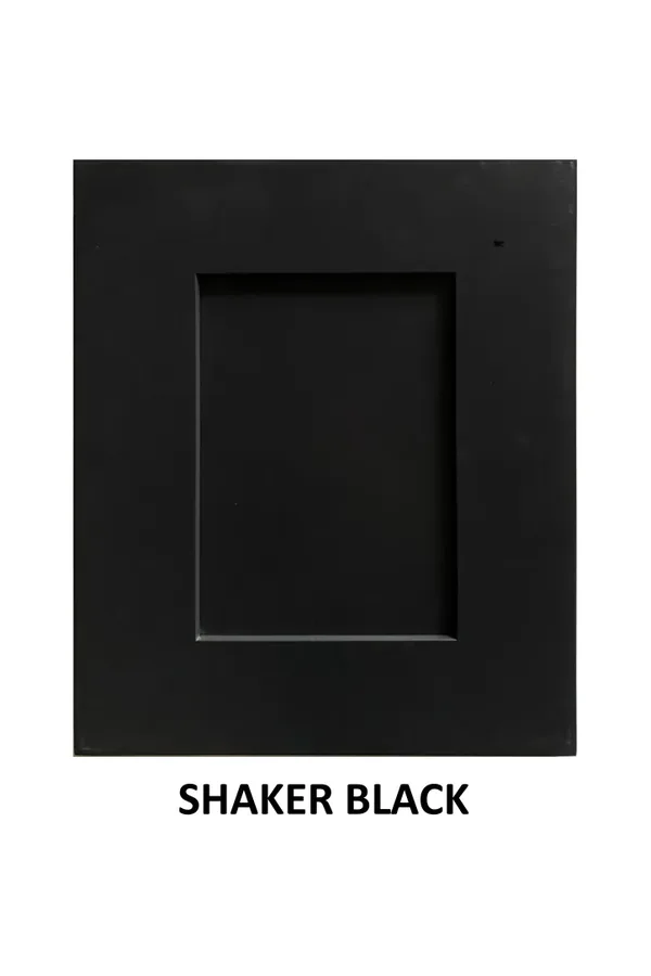 Matte black cabinet door sample labeled Shaker Black