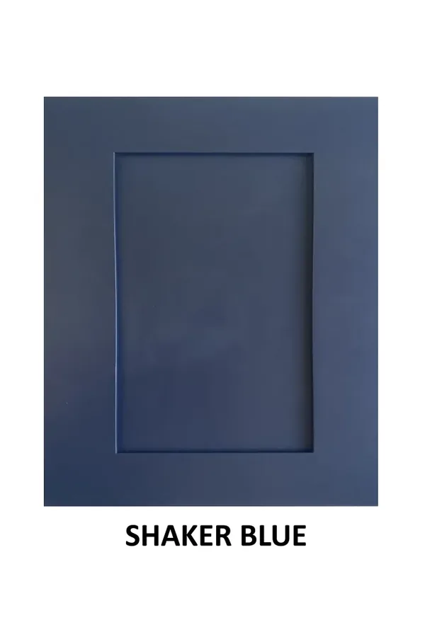 Deep navy cabinet door swatch marked Shaker Blue