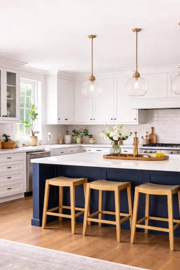 White shaker cabinets with navy island, brass pendants, and quartz countertops