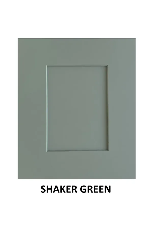 Sage green cabinet door sample marked Shaker Green