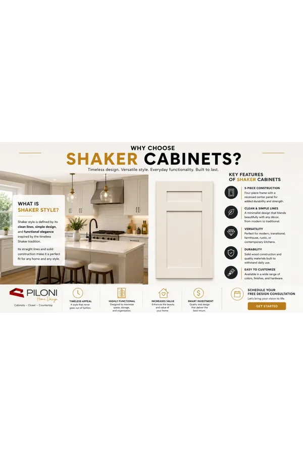 Piloni Home Design infographic explaining why choose shaker cabinets